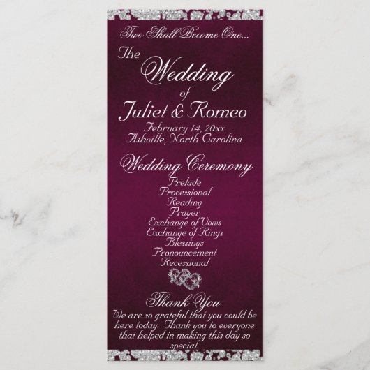 Elegant Script & Glitter - Paarse bruiloft Programmakaart (Voorkant)