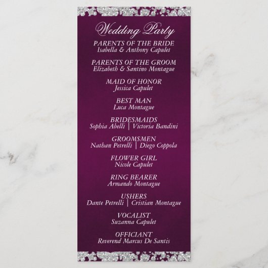 Elegant Script & Glitter - Paarse bruiloft Programmakaart (Achterkant)