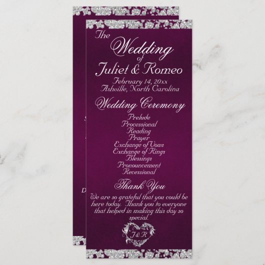 Elegant Script & Glitter - Paarse bruiloft Programmakaart (Voorkant / Achterkant)