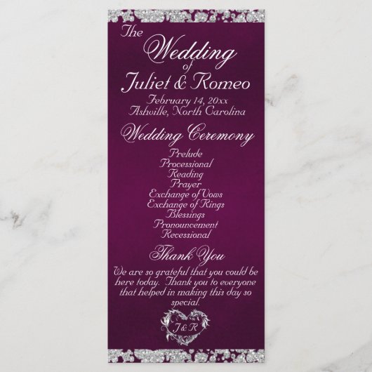 Elegant Script & Glitter - Paarse bruiloft Programmakaart (Voorkant)