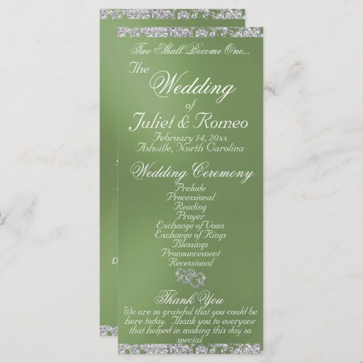 Elegant Script & Glitter - Sage Wedding Programmakaart (Voorkant / Achterkant)