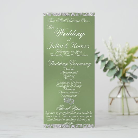 Elegant Script & Glitter - Sage Wedding Programmakaart (Staand voorkant)
