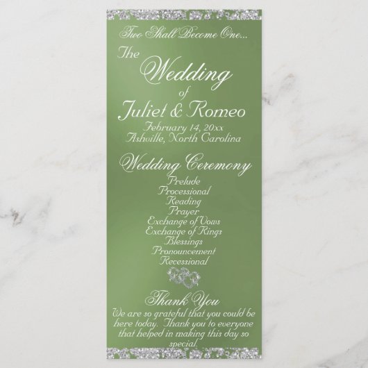 Elegant Script & Glitter - Sage Wedding Programmakaart (Voorkant)