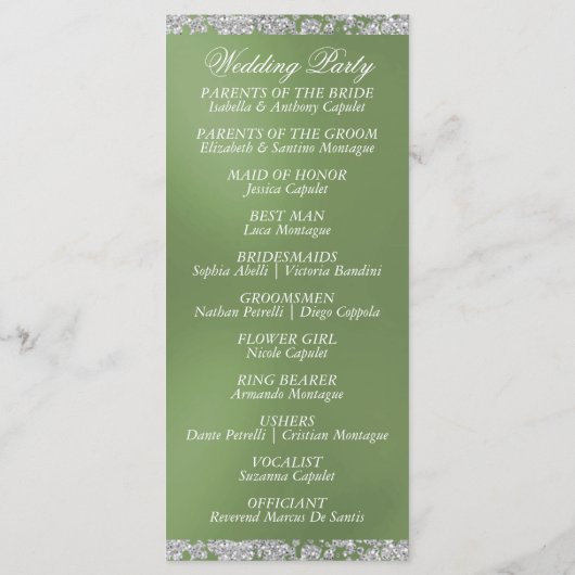 Elegant Script & Glitter - Sage Wedding Programmakaart (Achterkant)