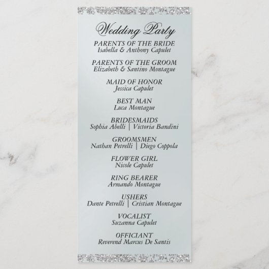 Elegant Script & Glitter - White Pearl Wedding Programmakaart (Achterkant)