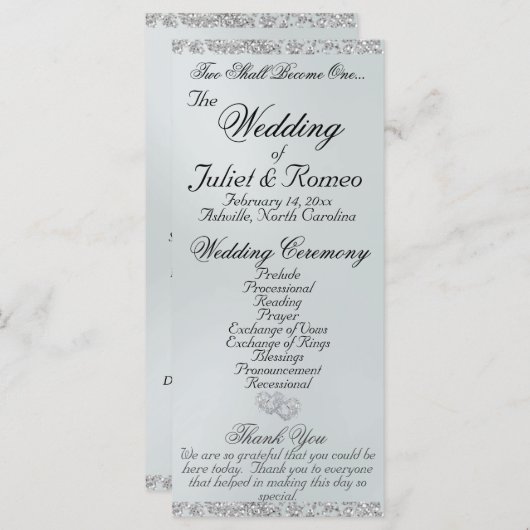 Elegant Script & Glitter - White Pearl Wedding Programmakaart (Voorkant / Achterkant)
