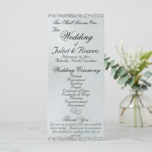 Elegant Script & Glitter - White Pearl Wedding Programmakaart (Staand voorkant)