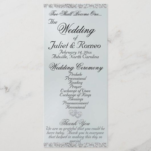 Elegant Script & Glitter - White Pearl Wedding Programmakaart (Voorkant)