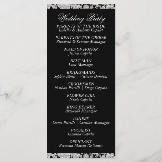 Elegant Script & Glitter - Zwarte bruiloft Programmakaart (Achterkant)