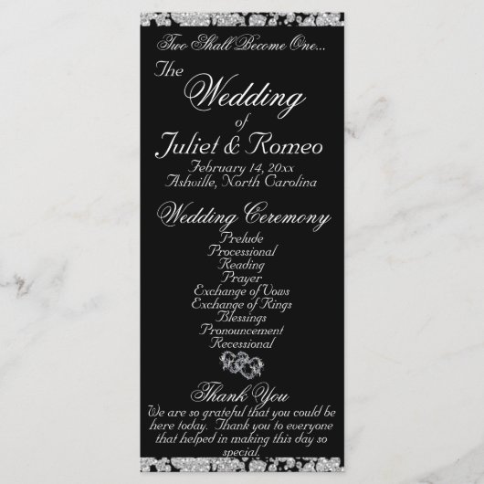 Elegant Script & Glitter - Zwarte bruiloft Programmakaart (Voorkant)