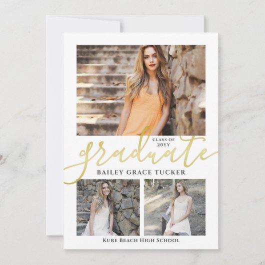 Elegant Script Gold 3-Photo Collage Afstuderen Aankondiging (Voorkant)