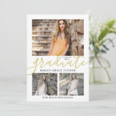 Elegant Script Gold 3-Photo Collage Afstuderen Aankondiging (Staand voorkant)