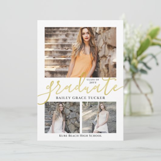 Elegant Script Gold 3-Photo Collage Afstuderen Aankondiging (Staand voorkant)