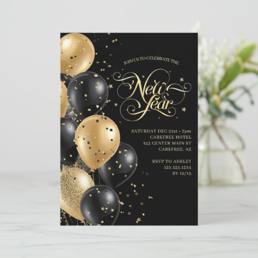 Elegant script Gold Black New Years Eve Kaart (Staand voorkant)