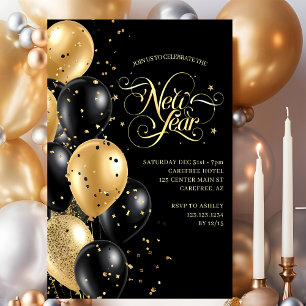Elegant script Gold Black New Years Eve Kaart
