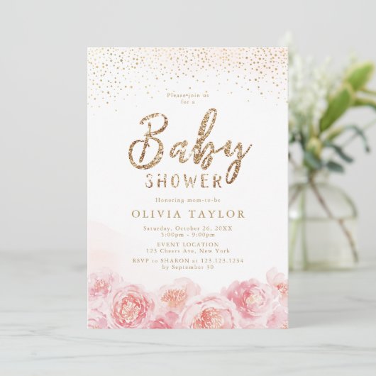 Elegant script gold & blush baby shower kaart (Staand voorkant)
