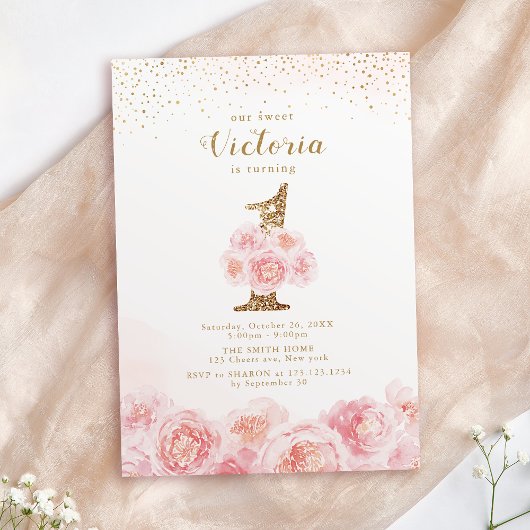 Elegant script gold & blush floral 1e verjaardag kaart