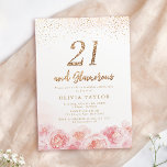 Elegant script gold & blush floral 21st jarig kaart<br><div class="desc">Modern chic "21 and glamoureus" script,  trendy faux Gold glitter en blush roze waterverf floral design,  elegant en stijlvol,  geweldige 21e verjaardagsfeestuitnodigingen.</div>