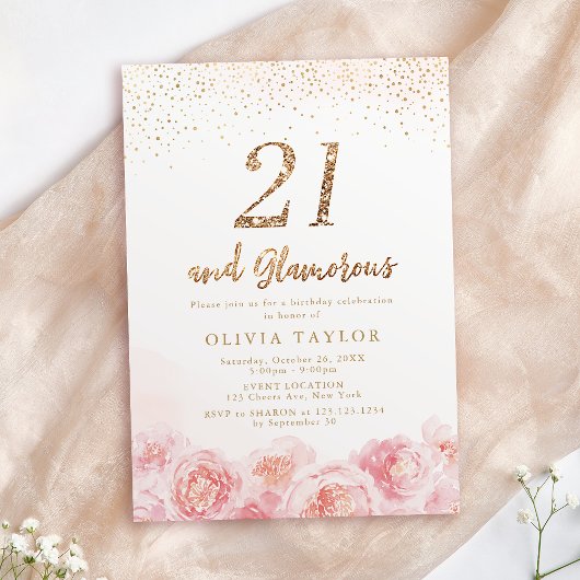 Elegant script gold & blush floral 21st jarig kaart
