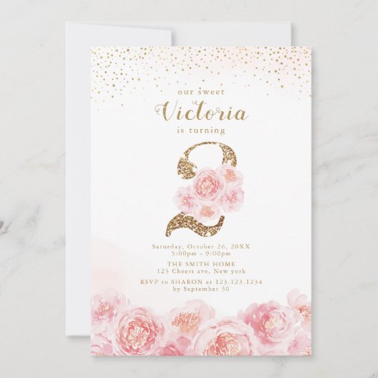 Elegant script gold & blush floral 2e verjaardag i kaart (Voorkant)