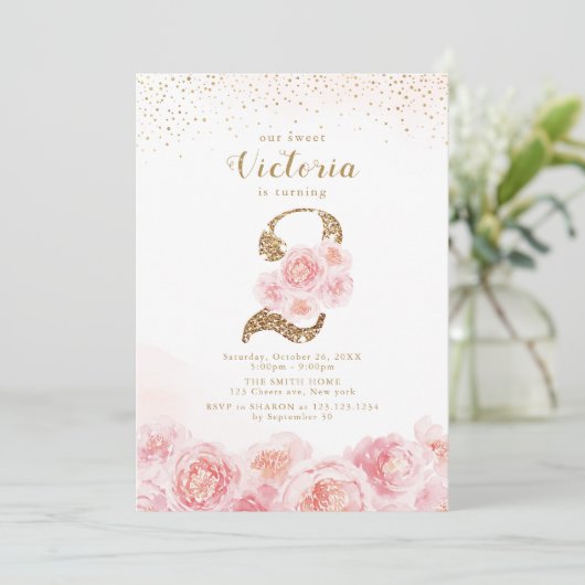 Elegant script gold & blush floral 2e verjaardag i kaart (Staand voorkant)