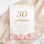 Elegant script gold & blush floral 30th jarig kaart<br><div class="desc">Moderne tekst "30 en fantastisch" script,  trendy faux goudglitter en wazige roze waterverf floral design,  elegant en stijlvol,  fantastische uitnodigingen voor 40ste verjaardagsfeestjes.</div>