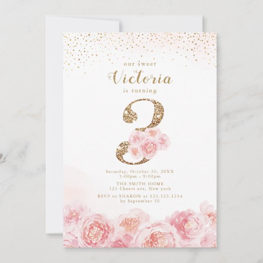 Elegant script gold & blush floral 3rd jarig kaart (Voorkant)
