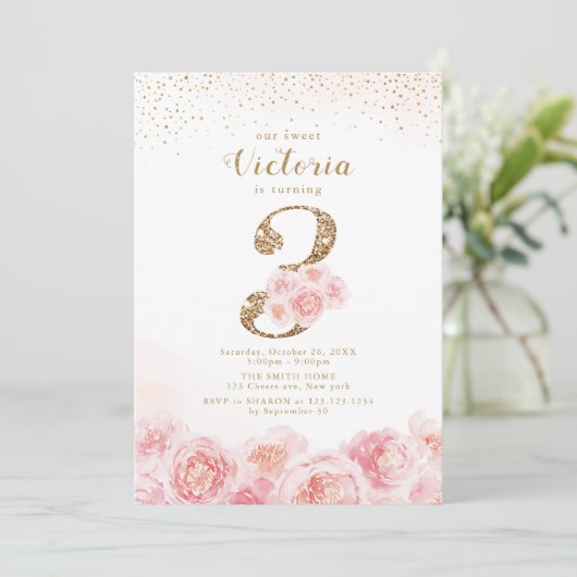Elegant script gold & blush floral 3rd jarig kaart (Staand voorkant)