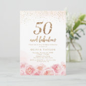 Elegant script gold & blush floral 50th jarig kaart (Staand voorkant)