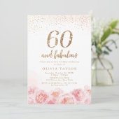 Elegant script gold & blush floral 60th jarig kaart (Staand voorkant)