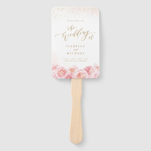 Elegant script gold & blush floral bruiloft progra handwaaier (Voorkant)