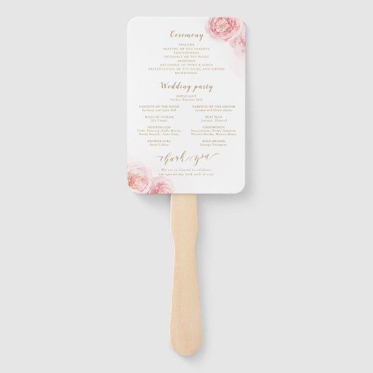 Elegant script gold & blush floral bruiloft progra handwaaier (Achterkant)