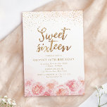 Elegant script gold & blush floral lief zestien kaart<br><div class="desc">Modern chic "zoete zestien" script,  trendy faux goudglitter en blush roze waterverf floral design,  elegant en stijlvol,  fantastisch mooie uitnodiging voor 16 verjaardagsfeestjes.</div>