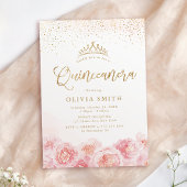 Elegant script gold & blush floral Quinceanera Kaart
