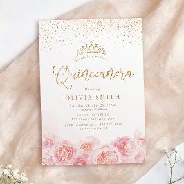Elegant script gold & blush floral Quinceanera Kaart