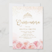Elegant script gold & blush floral Quinceanera Kaart (Voorkant)