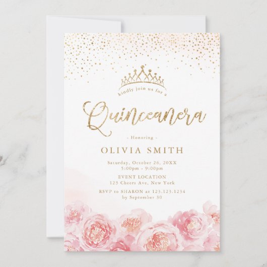 Elegant script gold & blush floral Quinceanera Kaart (Voorkant)
