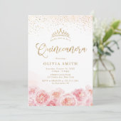 Elegant script gold & blush floral Quinceanera Kaart (Staand voorkant)