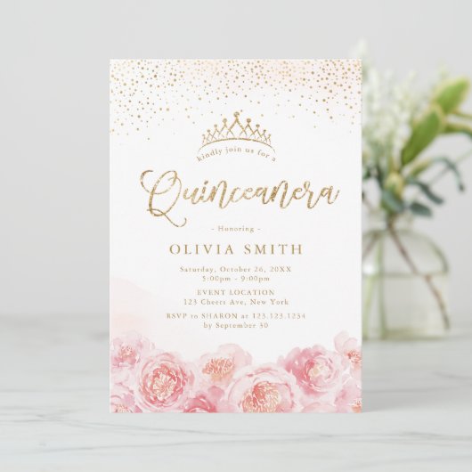 Elegant script gold & blush floral Quinceanera Kaart (Staand voorkant)