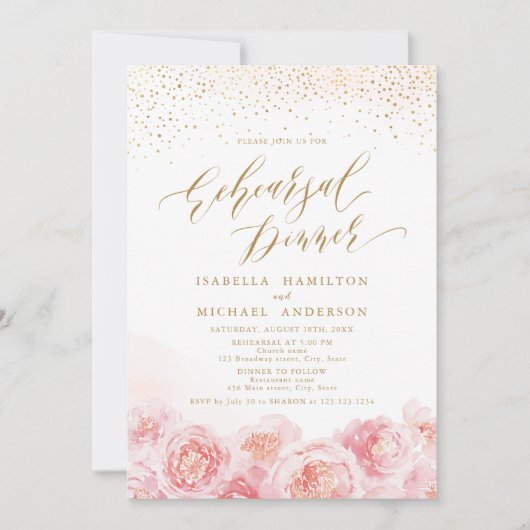 Elegant script gold blush floral reheardiner kaart (Voorkant)