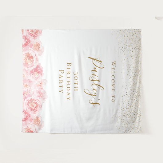 Elegant Script gold & blush florale verjaardagsfee Wandkleed (Voorkant (horizontaal))
