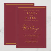Elegant Script Gold Border Merlot Burgundy Wedding Kaart (Voorkant / Achterkant)