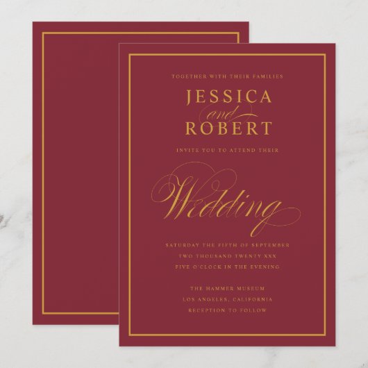 Elegant Script Gold Border Merlot Burgundy Wedding Kaart (Voorkant / Achterkant)