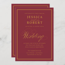 Elegant Script Gold Border Merlot Burgundy Wedding