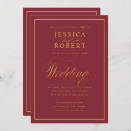 Elegant Script Gold Border Merlot Burgundy Wedding Kaart
