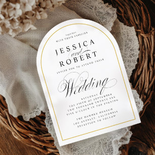 Elegant Script Gold Border Wedding Arch Kaart
