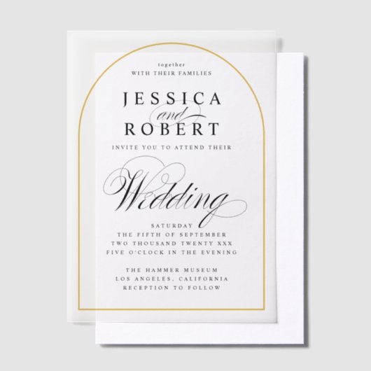 Elegant Script Gold Border Wedding Arch Vellum Uitnodigingen (Offset)