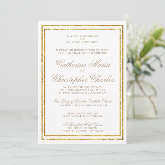 Elegant Script Gold Border Wedding Uitnodigen Kaart (Staand voorkant)