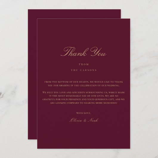 Elegant Script Gold & Bourgondië Dank u kaart (Voorkant / Achterkant)