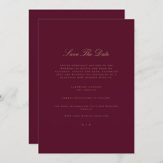 Elegant Script Gold & Bourgondië Save The Date Kaa Aankondiging (Voorkant / Achterkant)